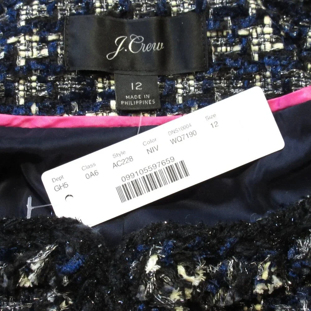 NWT J.Crew Lady Jacket in Navy Ivory Black Metallic Houndstooth Blazer 12
